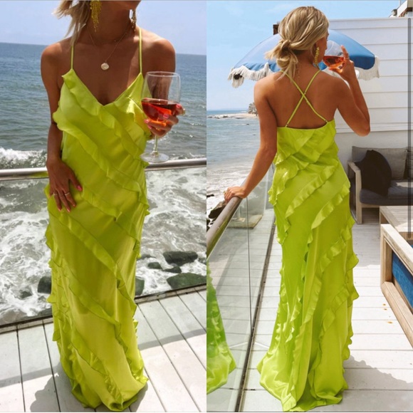 Show Me Your MuMu Dresses & Skirts - Show Me Your Mumu | Romance Ruffle Maxi Dress Citrine Green Luxe Satin Small
